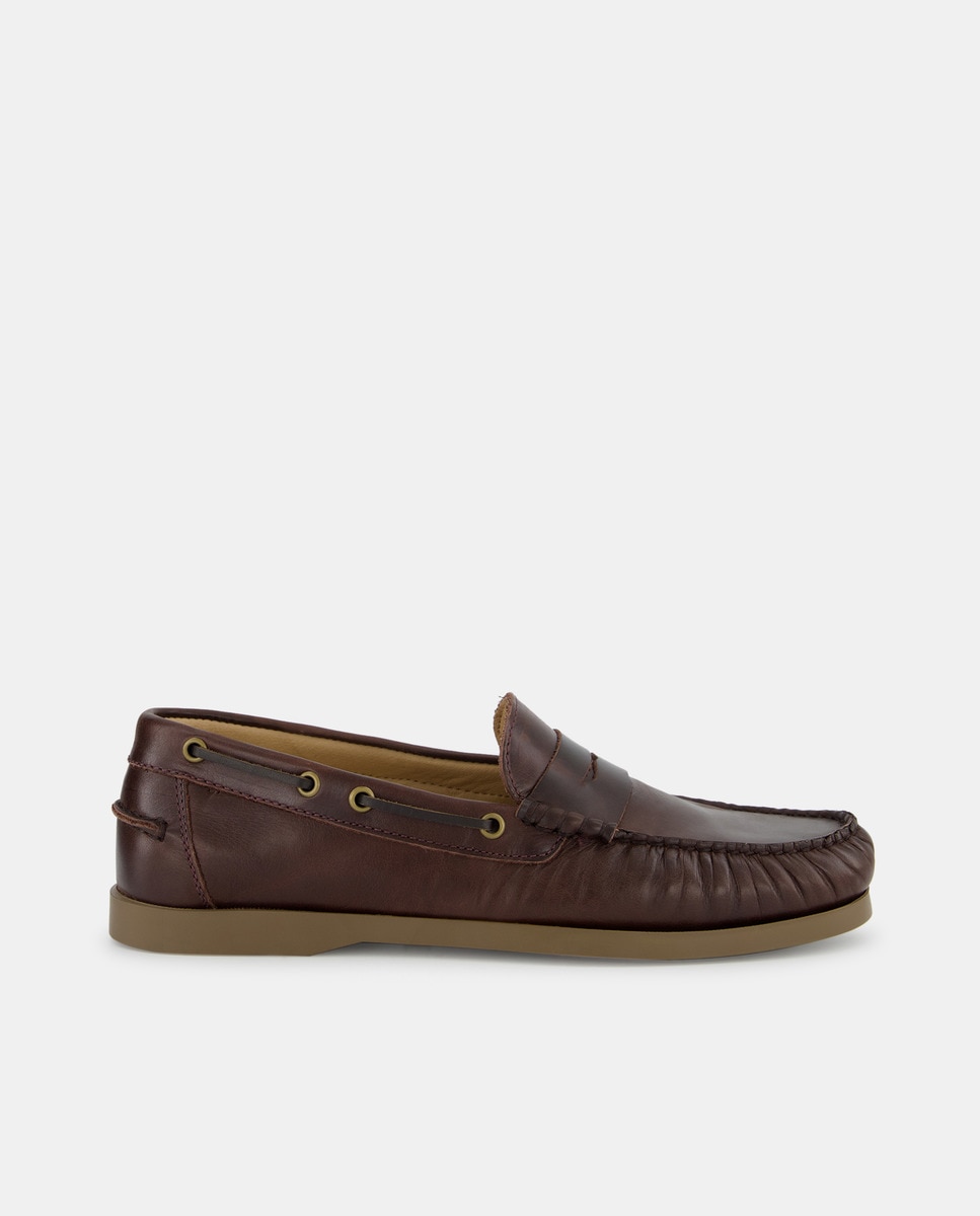 Mocasín de hombre antifaz de piel con piso de goma Marrón-1