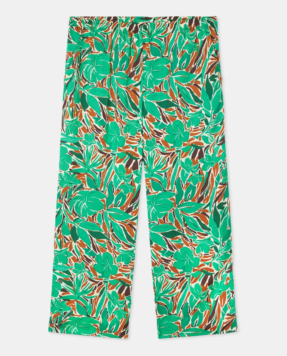 Calças Largas Fluidas com Estampado Verde-claro-4