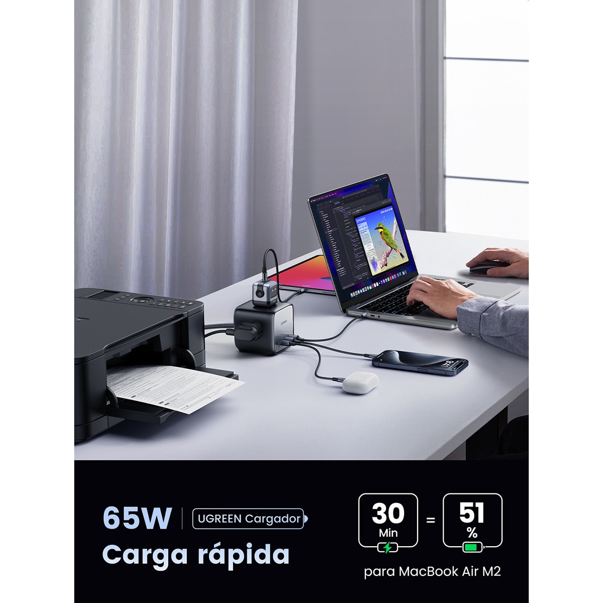 Estación de carga UGREEN Nexode DigiNest USB C GaN de 65 W, 7 en 1 Negro-3