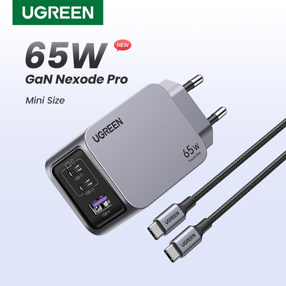 Cargador USB-C UGREEN Nexode Pro 65W GaN, 3 puertos con carga rápida Gris-2