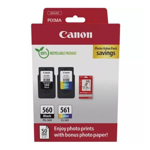 Imagen 0 de Pack de 2 cartuchos de tinta original Canon PG-560 negro/CL-561 tricolor (3713C008) + Papel foto 10x15 50 hojas