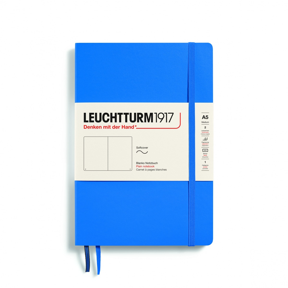Caderno de apontamentos capa mole folhas pautadas de um quarto de tamanho branco liso Leuchtturm1917 azul céu Céu-1