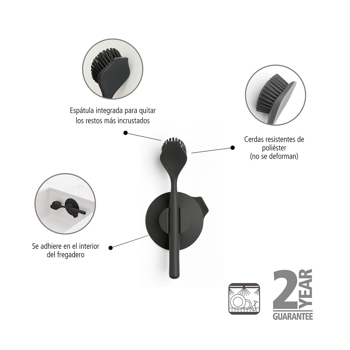 Escova para lavar pratos com suporte de ventosa Sink Side Brabantia Cinzento-escuro-6