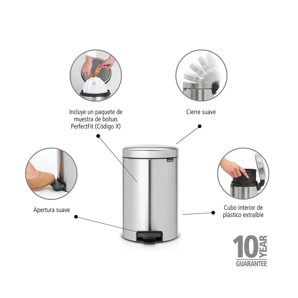 Cubo de basura de acero con pedal NewIcon 12L Brabantia Acero-6