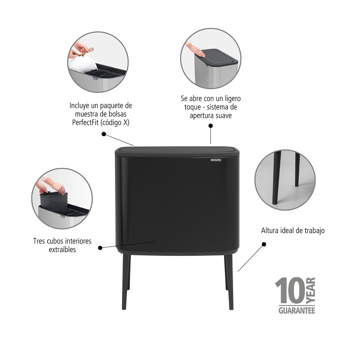 Balde do Lixo para Reciclagem BO Touch Bin 3 X 11 L Preto-5