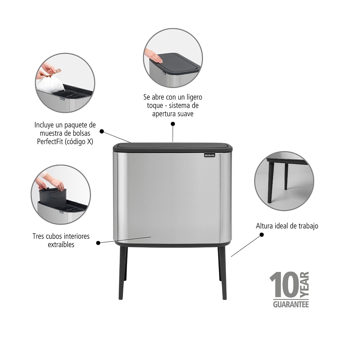 Balde do Lixo para Reciclagem BO Touch Bin 3 X 11 L Aço-7