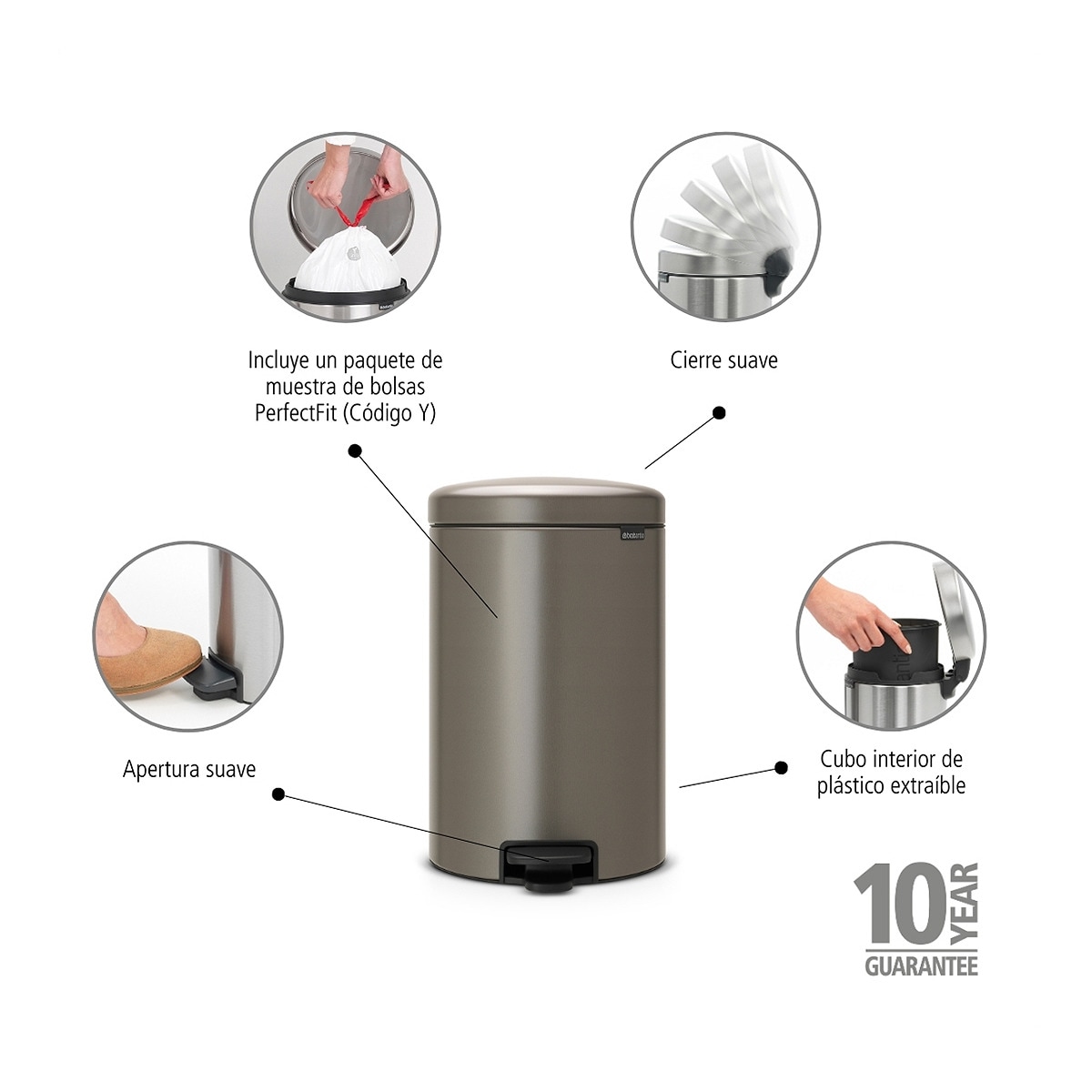 Balde do lixo com pedal Newlcon 20 L Platina-2