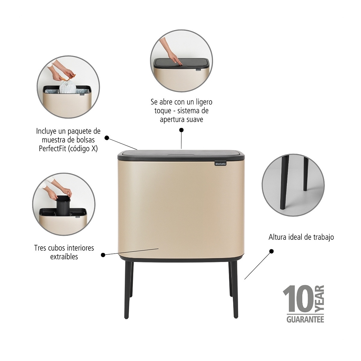 Balde do Lixo para Reciclagem BO Touch Bin 3 X 11 L Champanhe-5