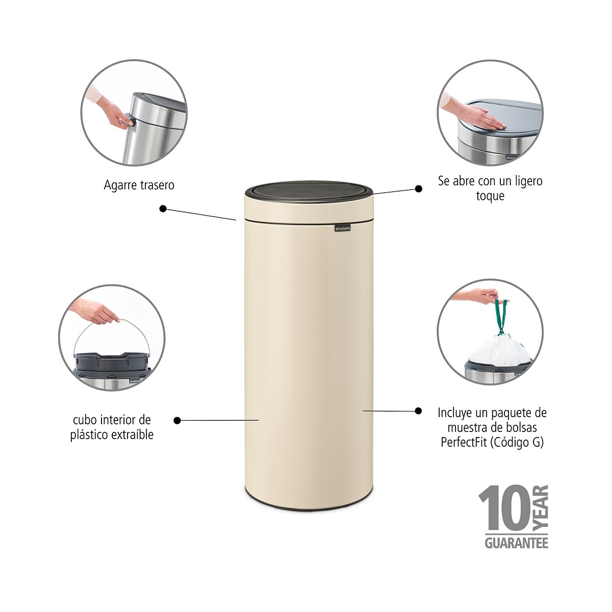 Balde do Lixo de Aço Touch Bin 30 L Bege-4