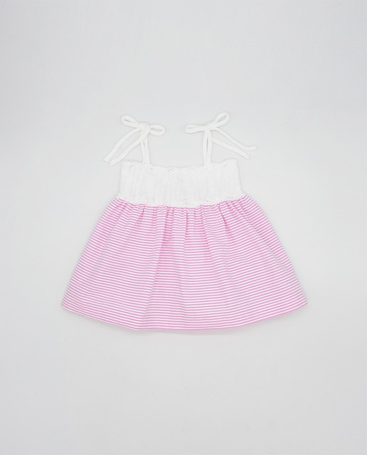 Imagen 0 de Vestido cuerpo punto blanco y falda rayas rosa y blanca