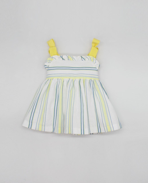 Imagen 0 de Vestido rayas azul y amarilla tirante lazos y volantitos
