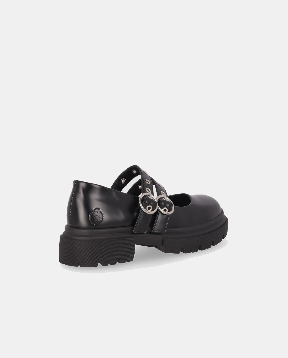 Sapatos de Presilha Rasos de Fivela Dupla Preto-3