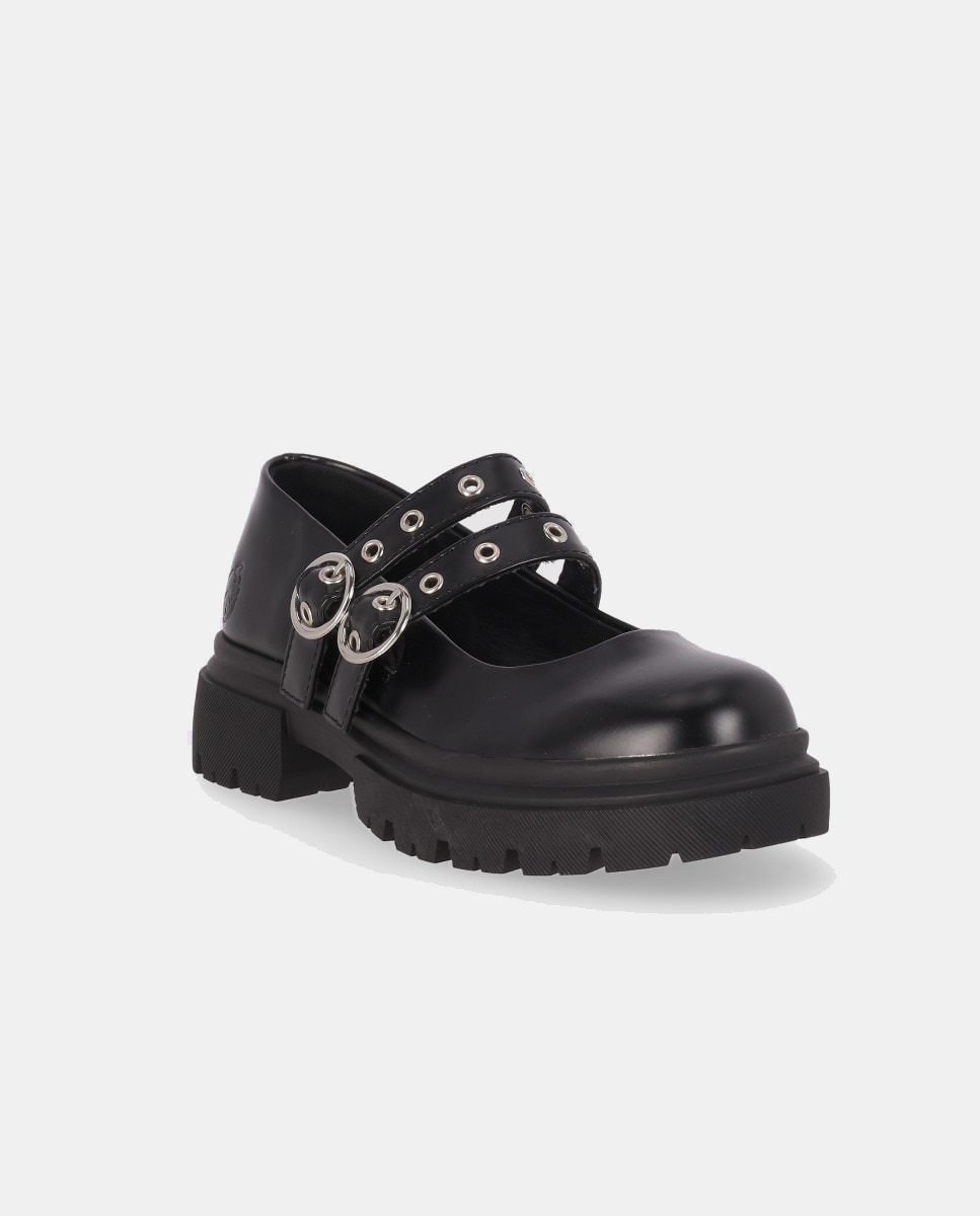 Sapatos de Presilha Rasos de Fivela Dupla Preto-2