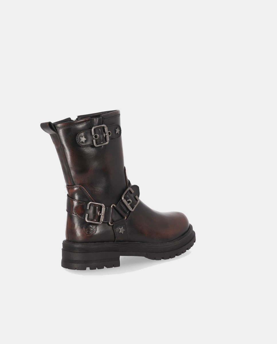 Botas Biker Rasas com Fivela Tripla Castanho-3