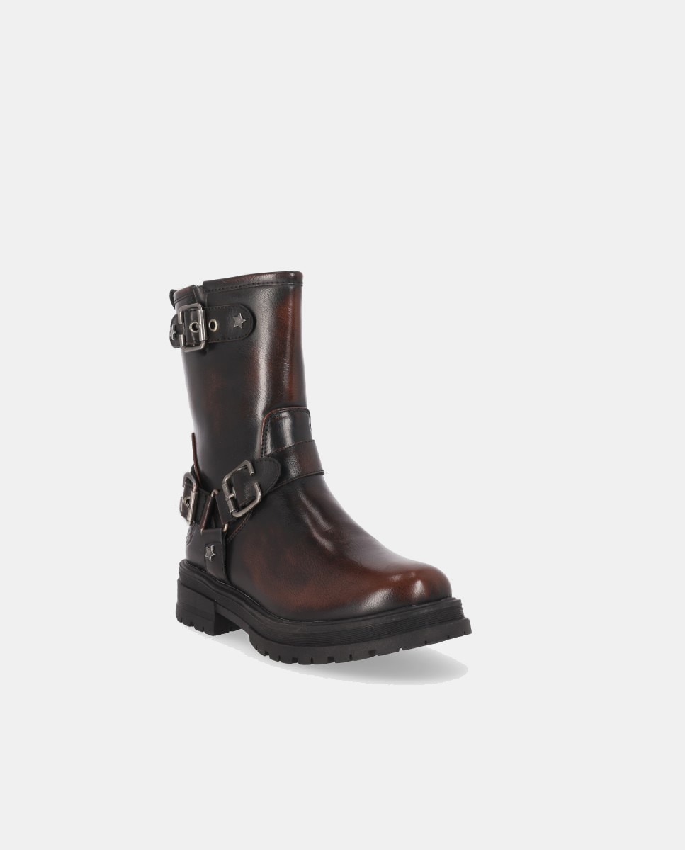 Botas Biker Rasas com Fivela Tripla Castanho-2