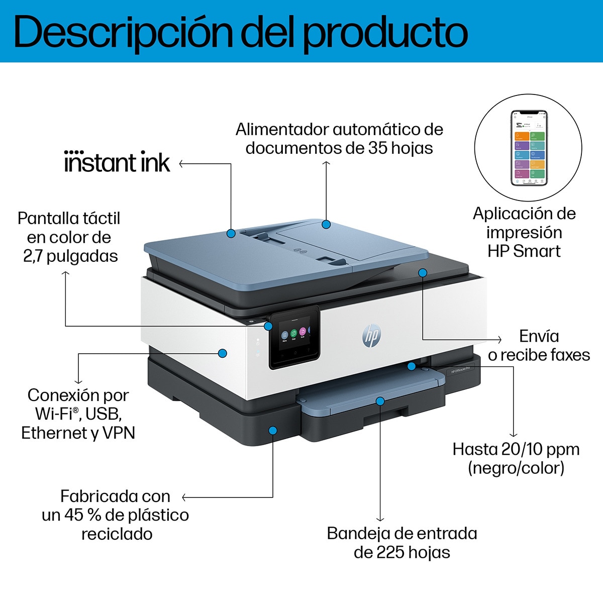 Impresora Multifunción HP OfficeJet Pro 8135e, Fax, Wi-Fi, compatible con Instant Ink Blanco / Azul-6