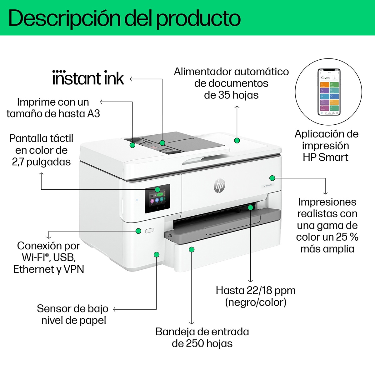 Impresora A3 Multifunción HP OfficeJet Pro 9720e, HP+, Wi-Fi, compatible con Instant Ink Blanco-6
