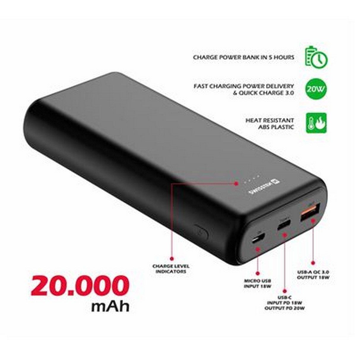 Powerbank Swissten SW20K20WBK, 20000 mAh - Preto 3