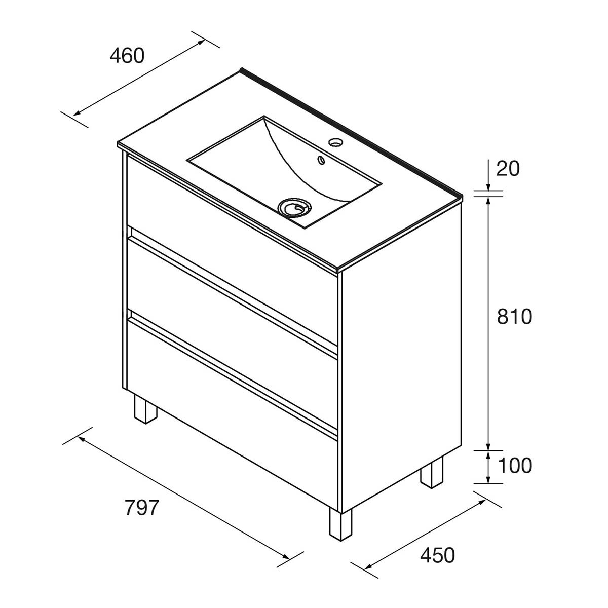 Mueble de baño con 3 cajones y patas Noja Salgar Nogal Maya-4
