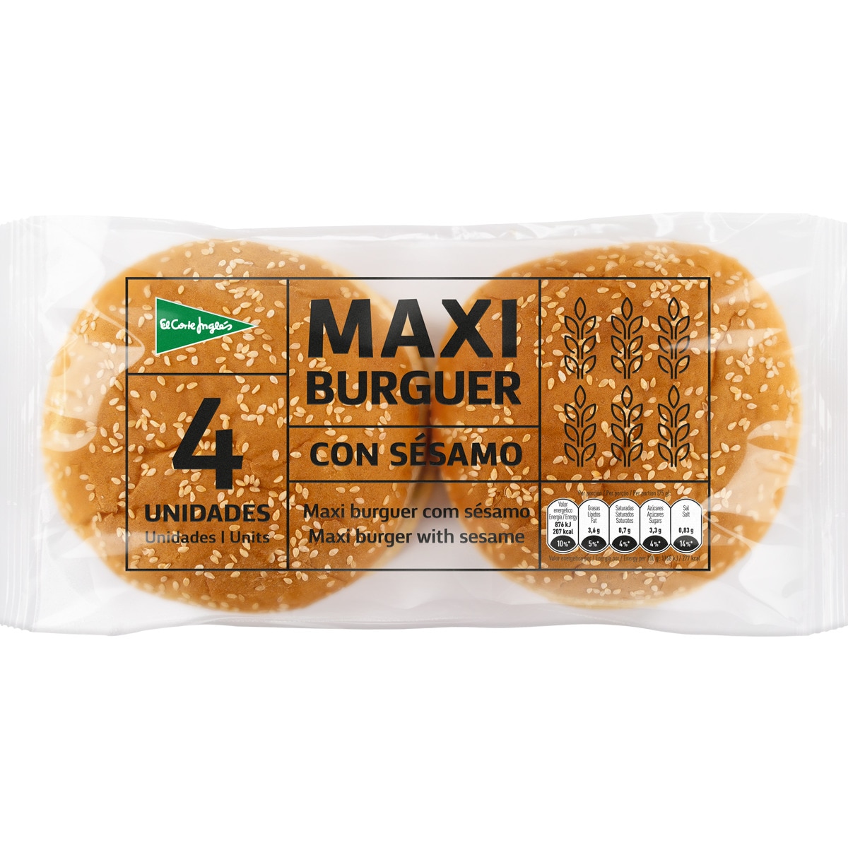pan de hamburguesas maxi con sésamo 4 unidades bolsa 300 g