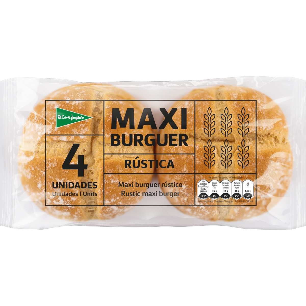 pan de hamburguesas maxi rústico con sésamo 4 unidades bolsa 320 g