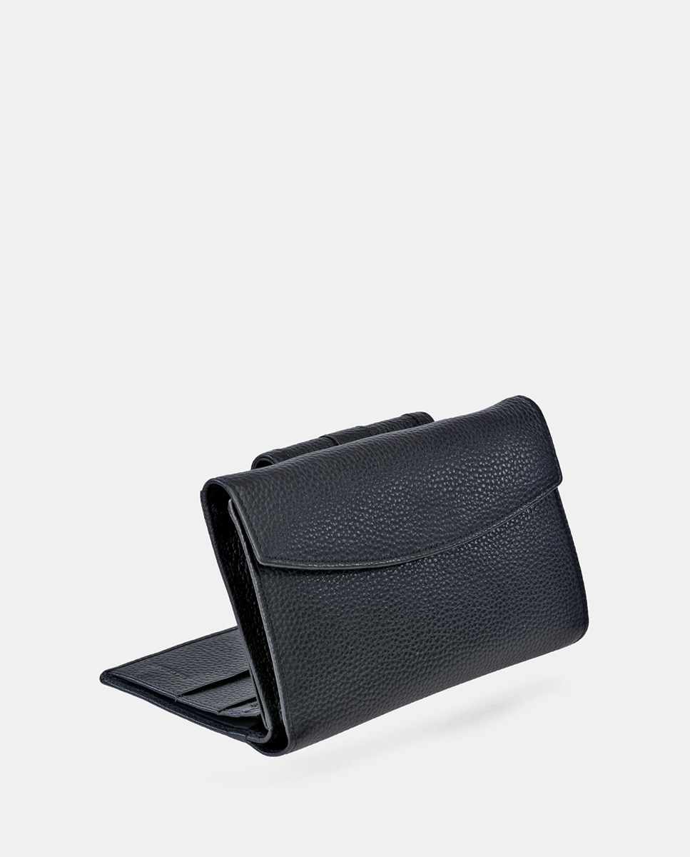 Carteira Grande com Aba, Fecho Metálico e em Pele - Preto Preto-3