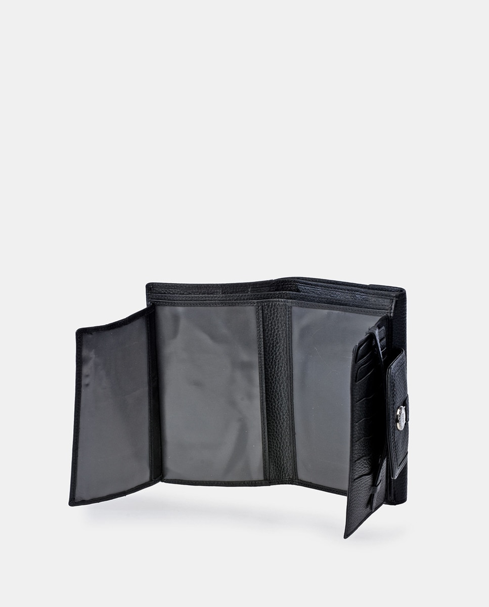 Carteira Grande com Aba, Fecho Metálico e em Pele - Preto Preto-4