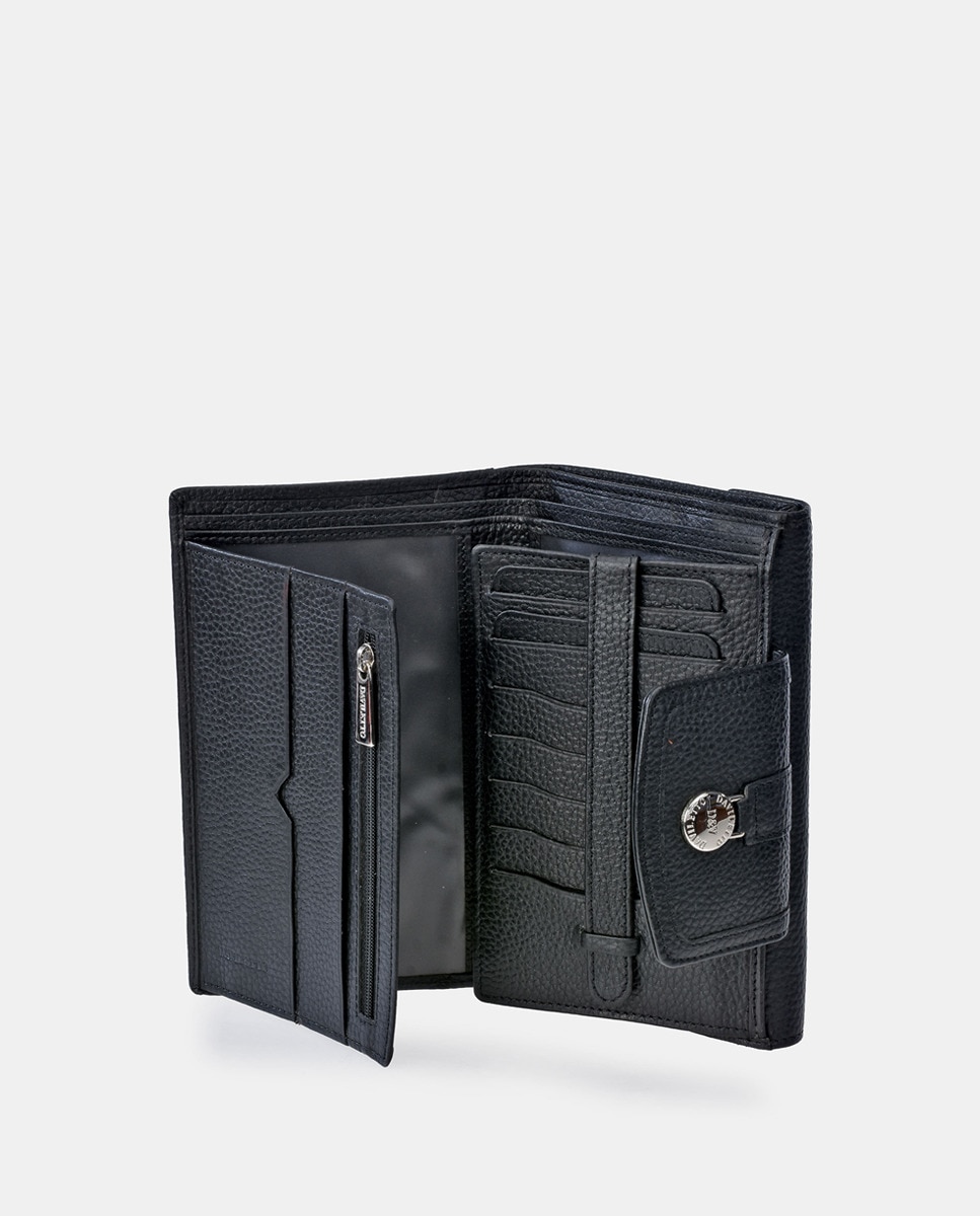 Carteira Grande com Aba, Fecho Metálico e em Pele - Preto Preto-5