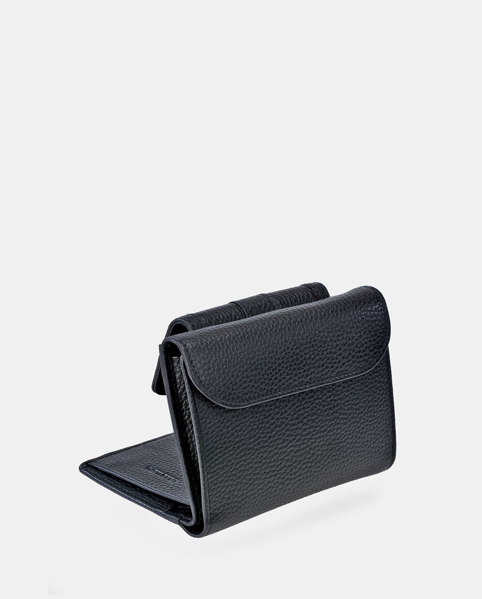 Carteira Pequena com Aba, Fecho Metálico e em Pele - Preto Preto-3