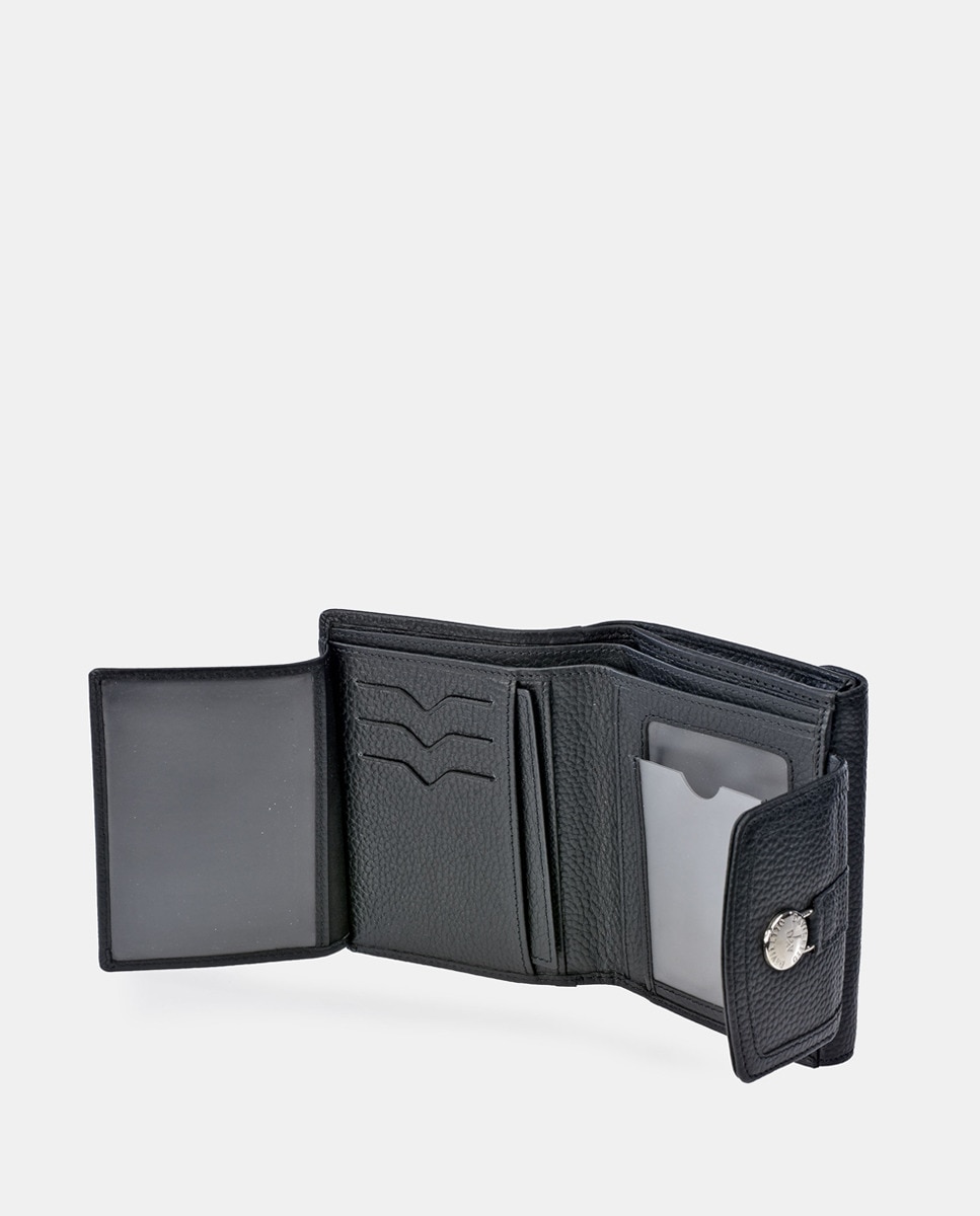 Carteira Pequena com Aba, Fecho Metálico e em Pele - Preto Preto-4