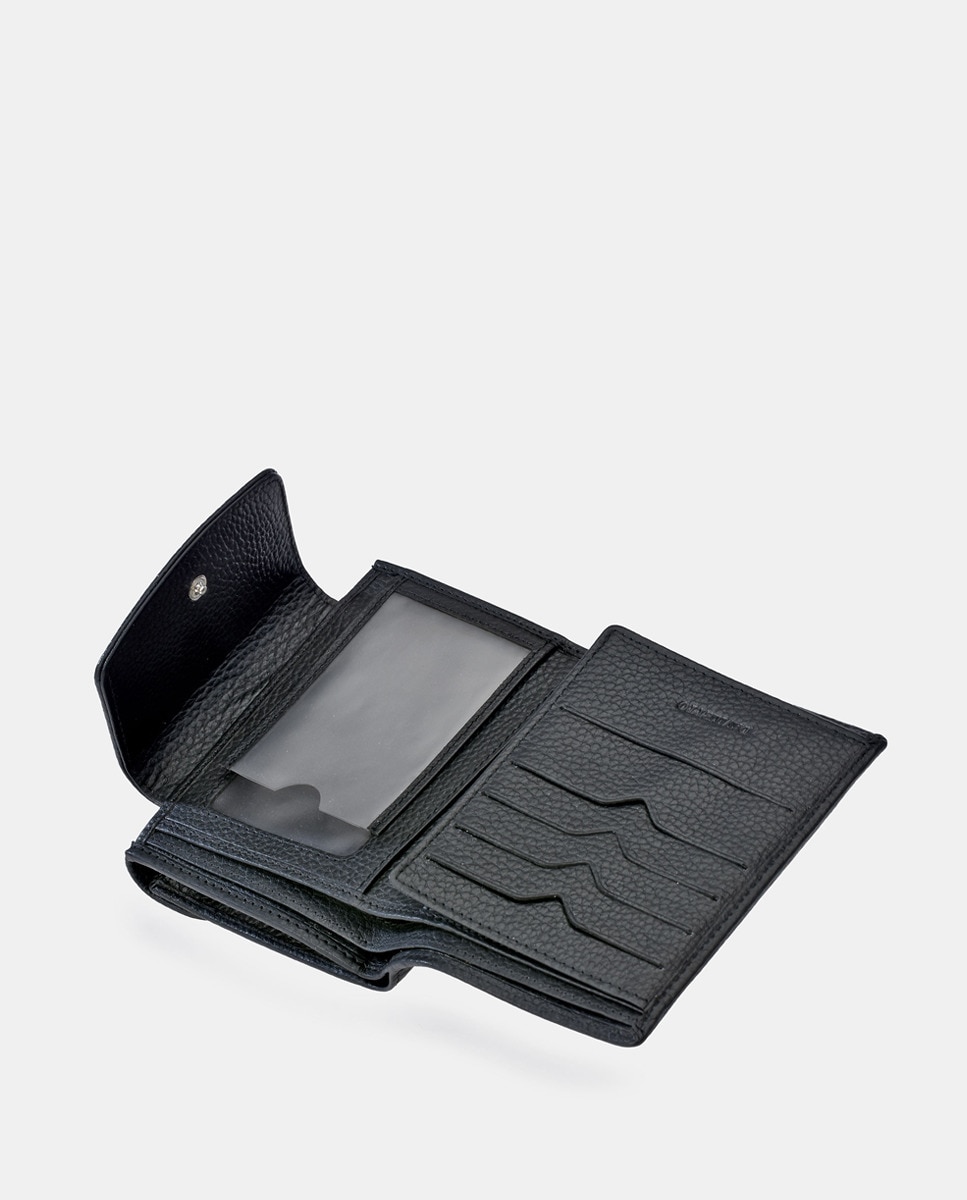 Carteira Pequena com Aba, Fecho Metálico e em Pele - Preto Preto-5