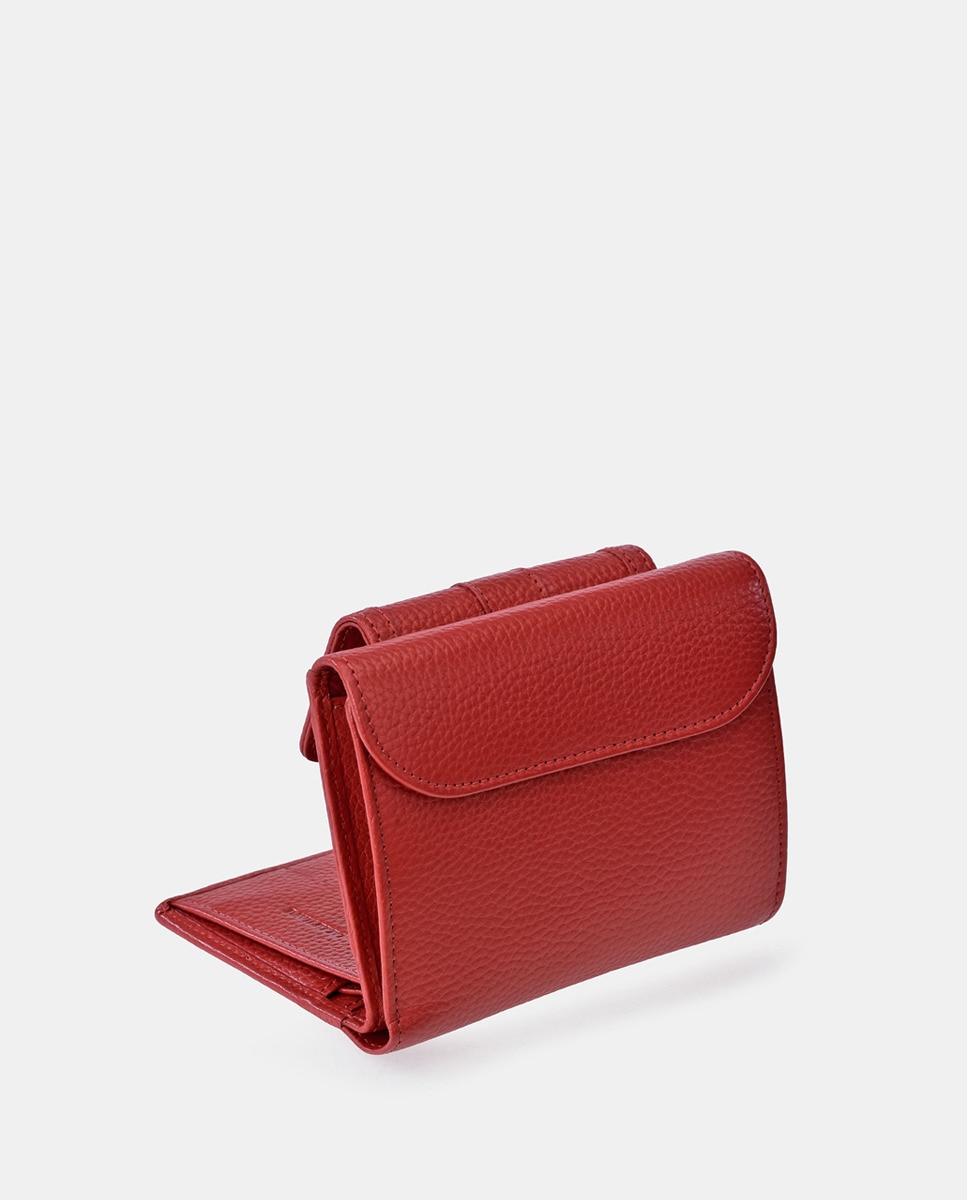 Carteira Pequena com Aba, Pregadeira e em Pele - Vermelho Vermelho-3