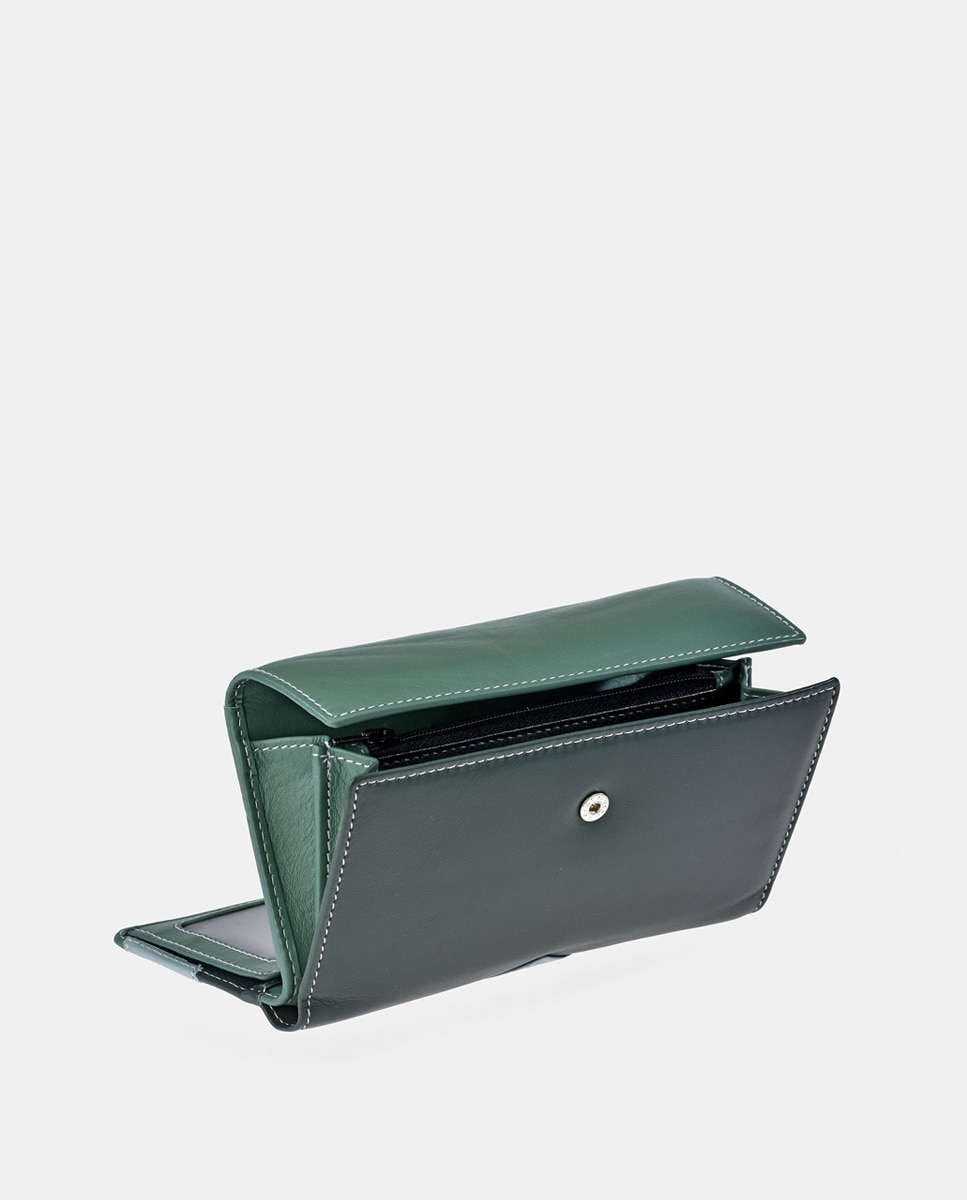 Porta-Moedas Grande em Pele com Secção para Notas e Aba Verde-3