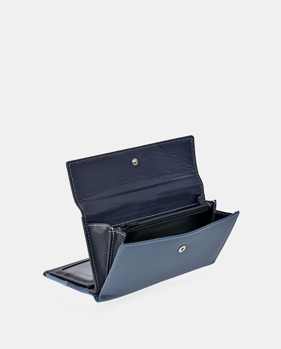 Porta-Moedas Grande em Pele com Secção para Notas e Aba Azul-celeste-3