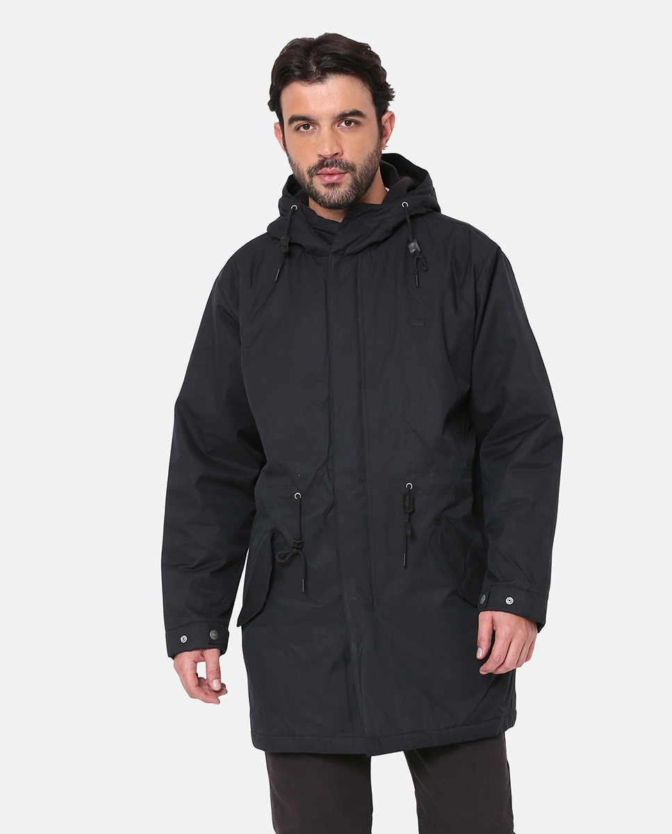 Parka Acolchoada com Capuz, Fecho de Correr e Botões de Pressão Preto-1