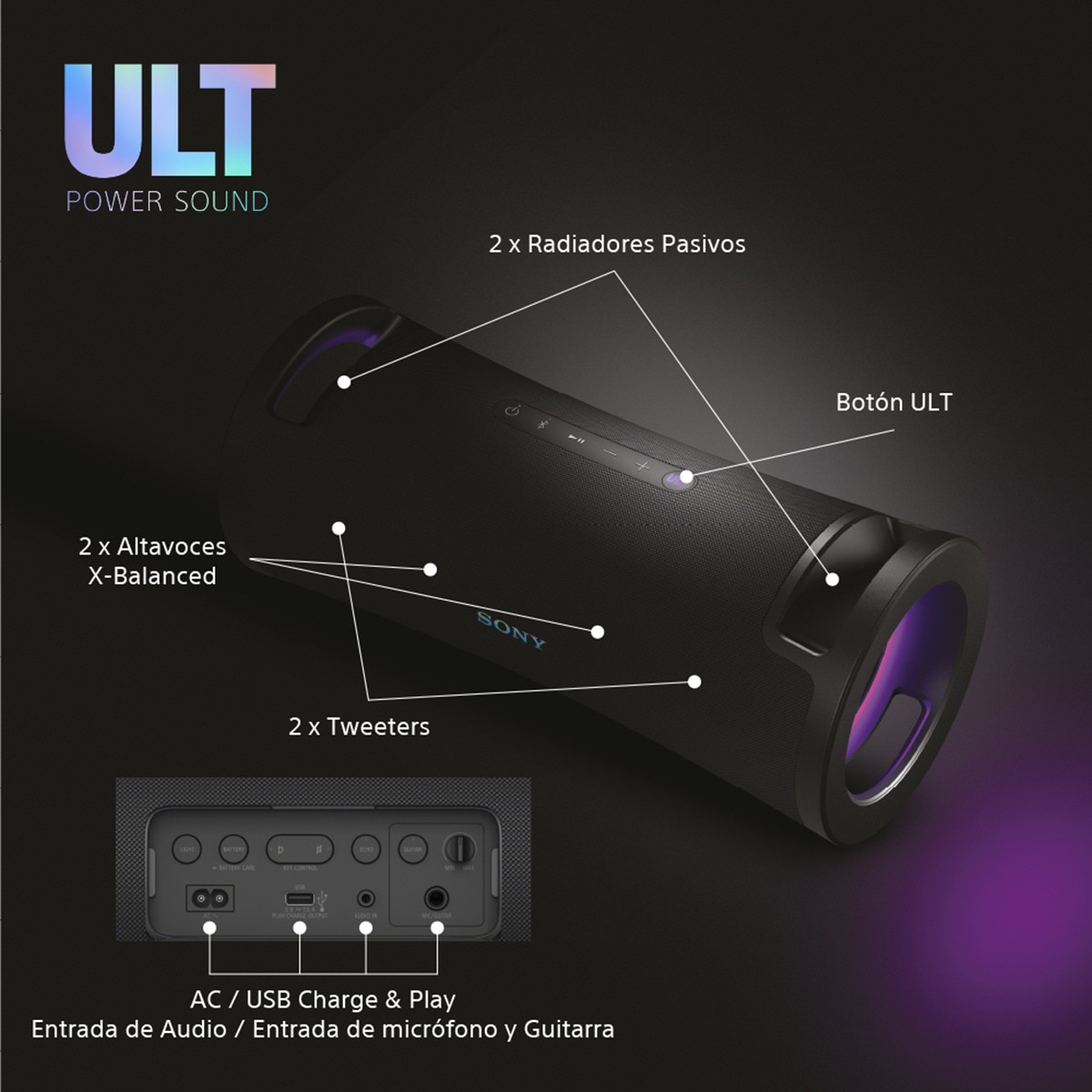 Altavoz portátil Sony ULT FIELD 7 con ULT POWER SOUND, Deep bass, 30h batería, IP67, resistente al agua, iluminación, micrófono, audio-in, negro Negro-9