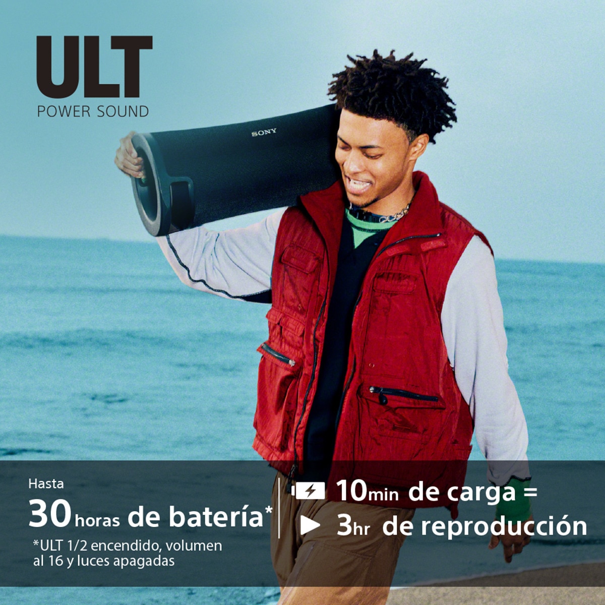 Altavoz portátil Sony ULT FIELD 7 con ULT POWER SOUND, Deep bass, 30h batería, IP67, resistente al agua, iluminación, micrófono, audio-in, negro Negro-7