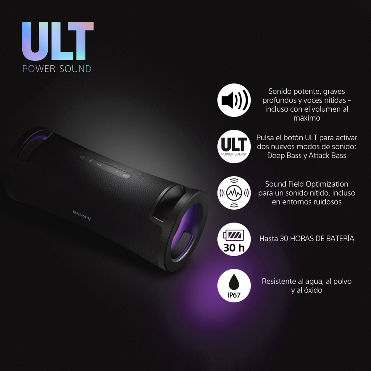 Altavoz portátil Sony ULT FIELD 7 con ULT POWER SOUND, Deep bass, 30h batería, IP67, resistente al agua, iluminación, micrófono, audio-in, negro Negro-3