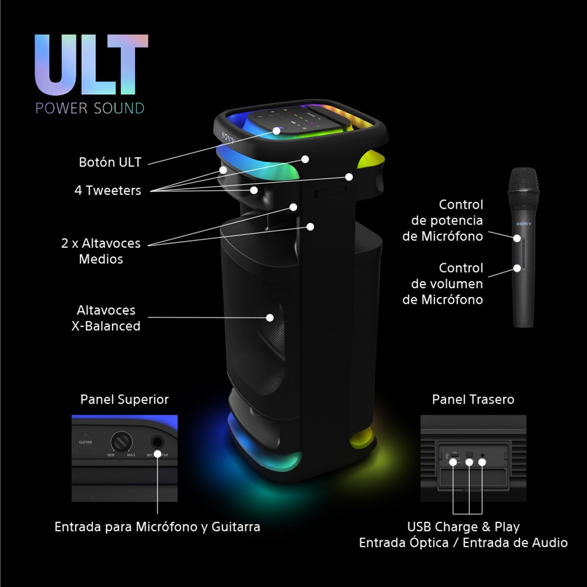 Altavoz para fiestas Sony ULT TOWER 10, ULT POWER SOUND, Deep Bass, X-Balanced, iluminación 360º, con micrófono, portátil con ruedas - negro Negro-8