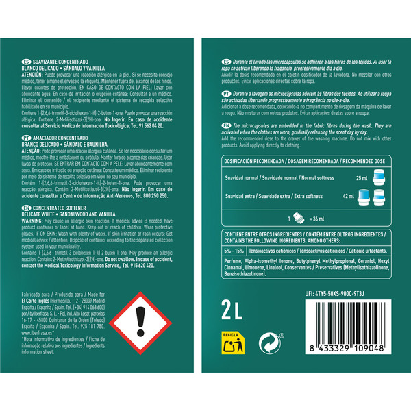 Weichspülerkonzentrat Zartes Weiß Sandelholz und Vanille 80 Waschgänge Flasche 2 l mit Mikro-Duftkapseln