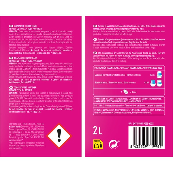 Weichspülerkonzentrat Pétalos de Flores Rosa Mosqueta 80 Anwendungen Flasche 2 l mit Mikro-Duftkapseln