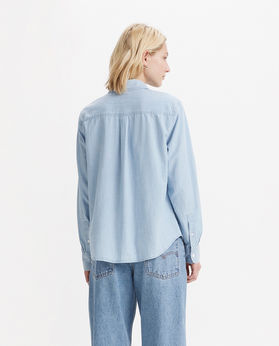 Camisa de ganga com manga comprida Azul-2