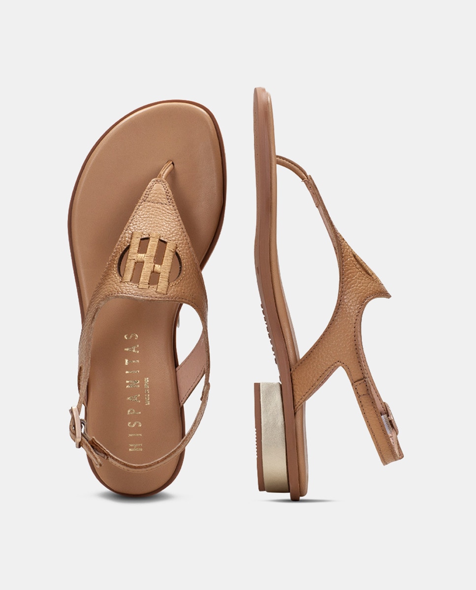 Sapatos Tipo Sandálias Rasas com Logótipo Bordado Castanho-claro-4
