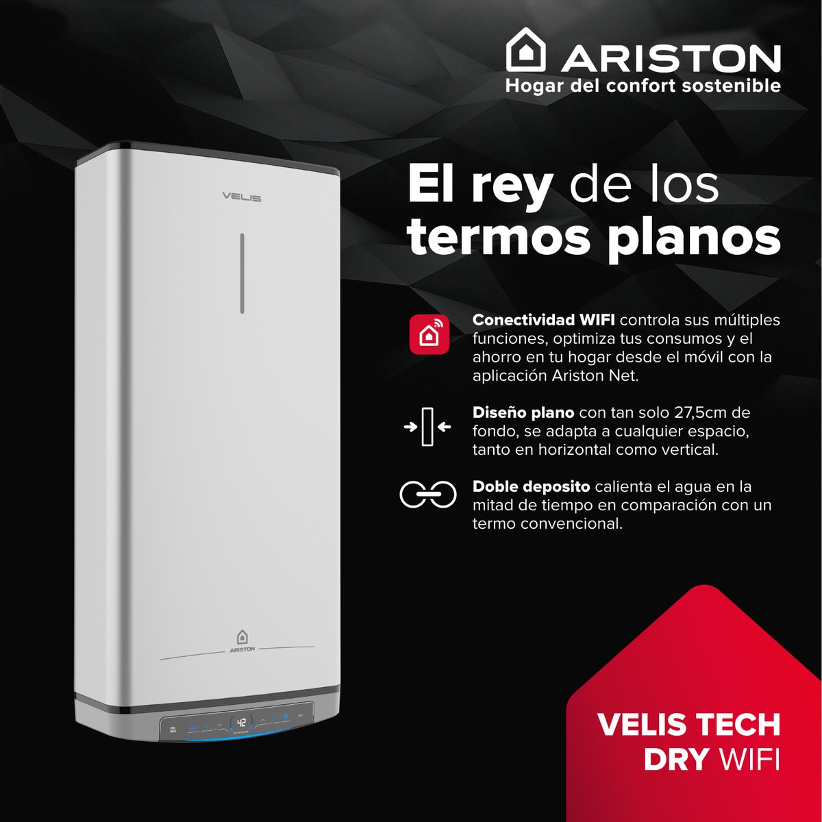 Termo eléctrico vertical/ horizontal Ariston 100 litros - VELIS DRY WIFI 100 Gris-9
