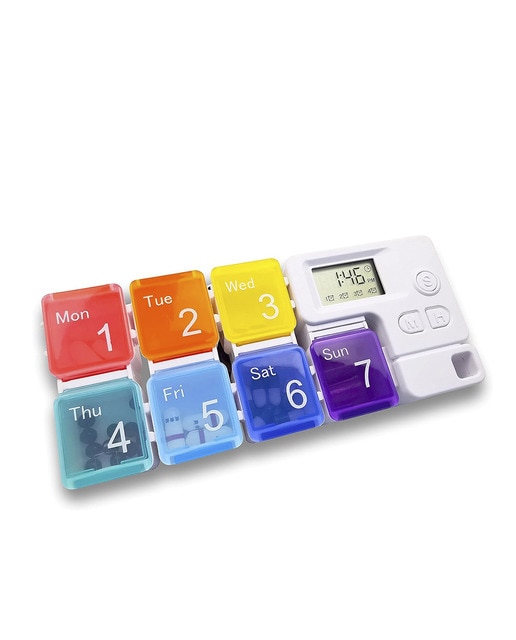 Imagen 0 de Pastillero de 7 días con 4 alarmas sonoras recordatorias por día. Bloques personalizables. 17x2,4x7,2 Cm. Color: Blanco
