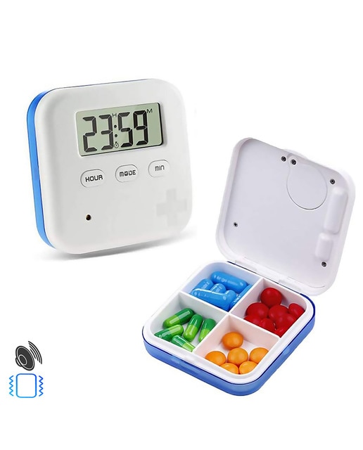Imagen 0 de Pastillero con 5 alarmas recordatorias por día, reloj digital y cuenta atrás. Alarma sonora y con vibración. 6,5x2x6,5 Cm. Color: Blanco