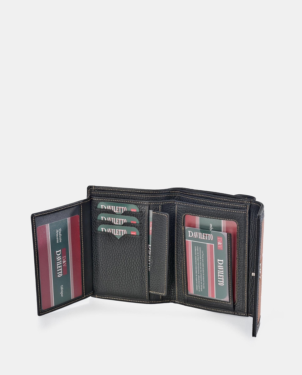 Porta-Moedas Médio com Secção para Notas, Aba e em Pele - Preto Preto-4