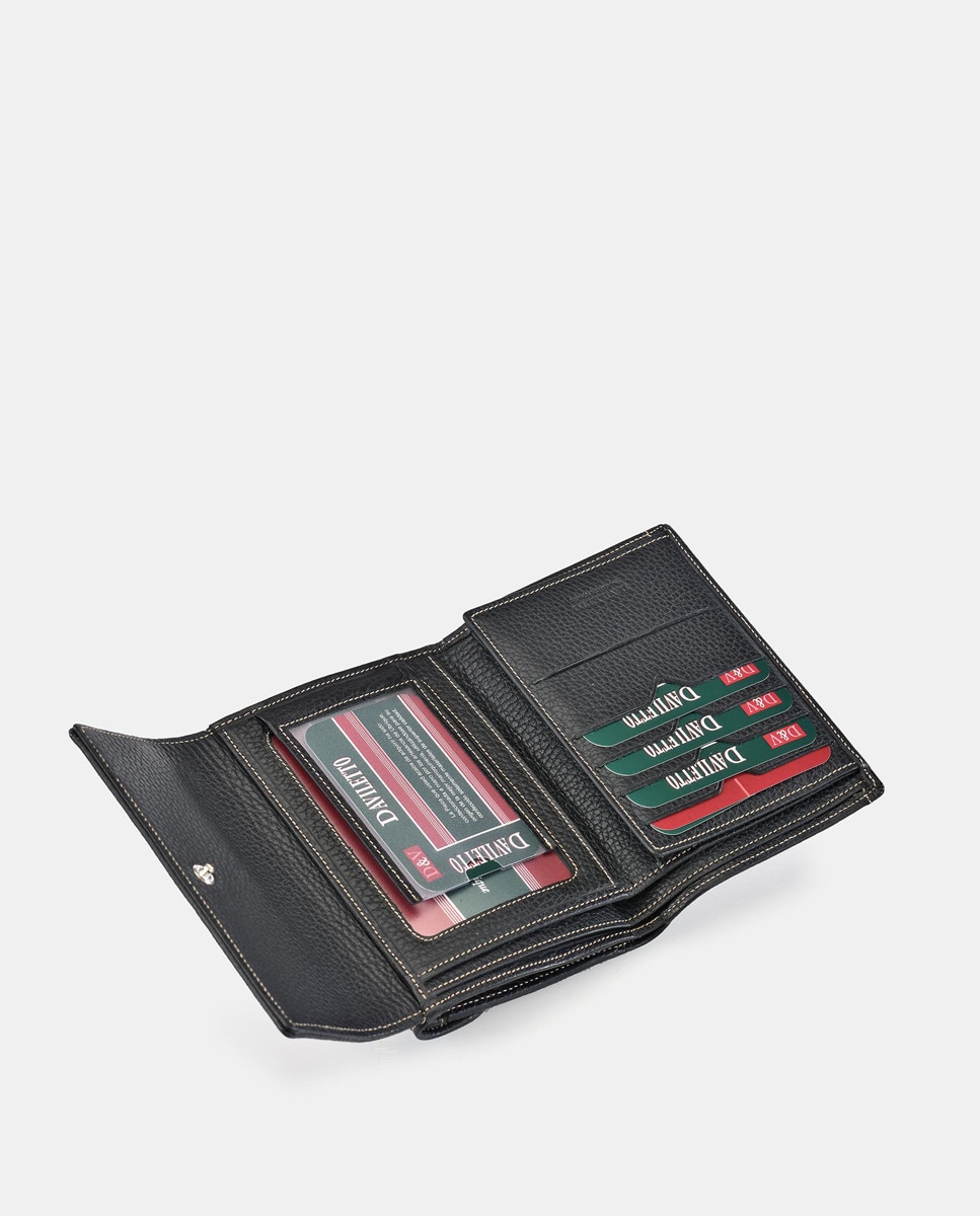 Porta-Moedas Médio com Secção para Notas, Aba e em Pele - Preto Preto-5