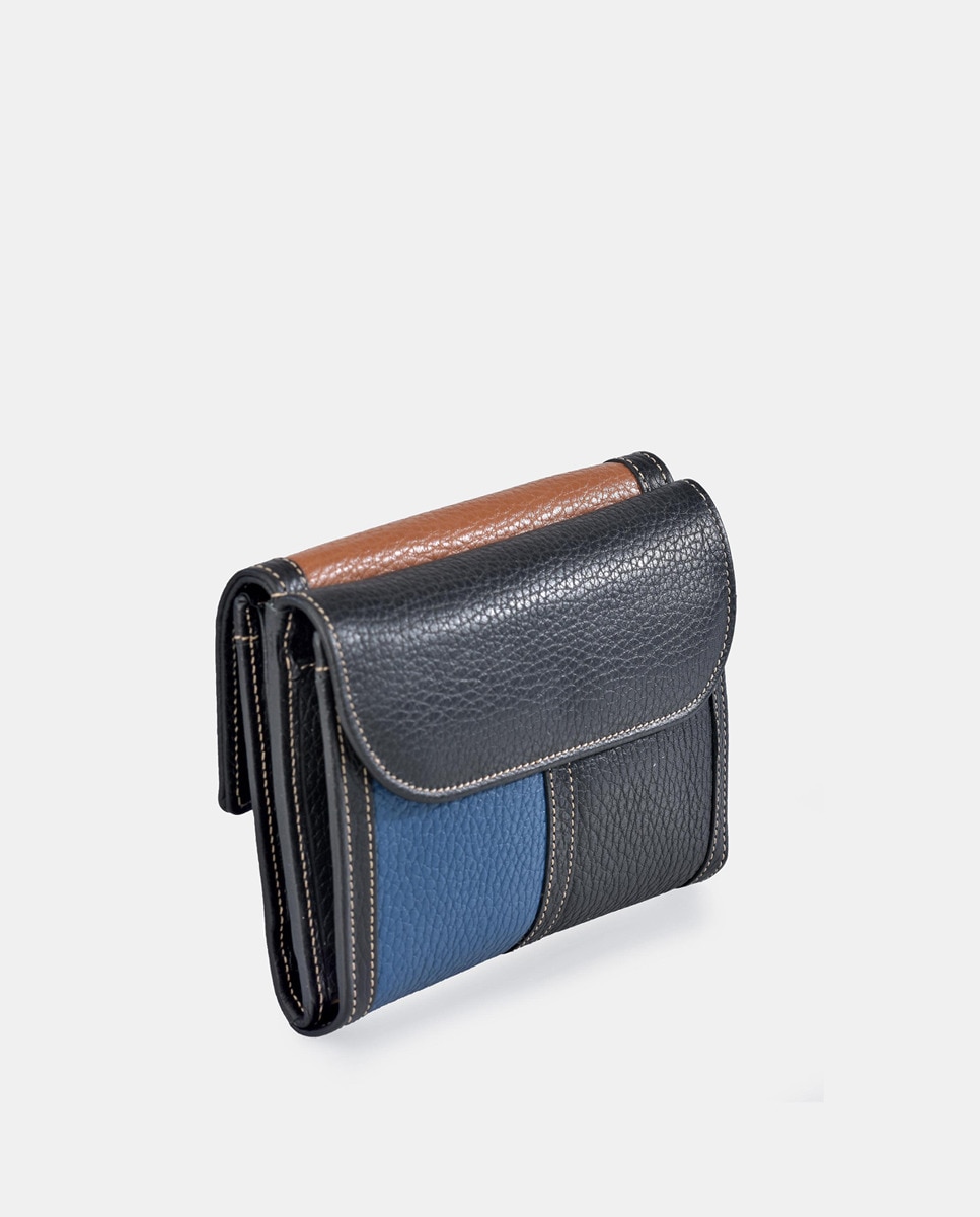 Porta-Moedas Médio com Secção para Notas, Aba e em Pele - Preto Preto-3