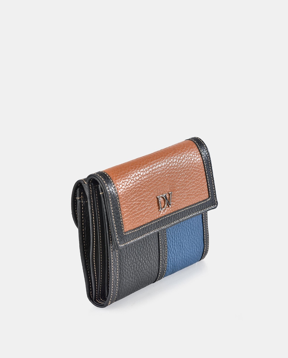 Porta-Moedas Médio com Secção para Notas, Aba e em Pele - Preto Preto-2